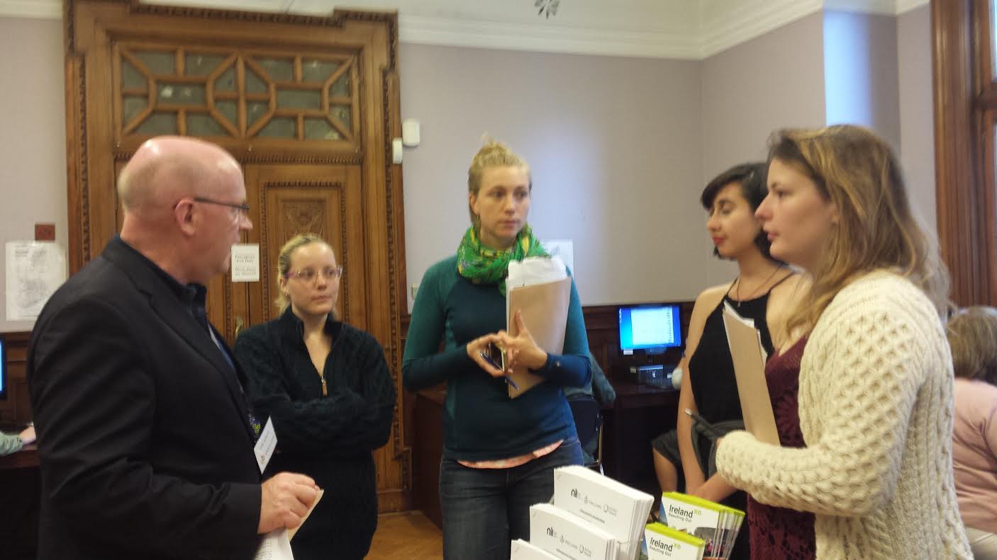 Noel Jenkins discussing with Group Leader Lydia Witt and some of her NYU students