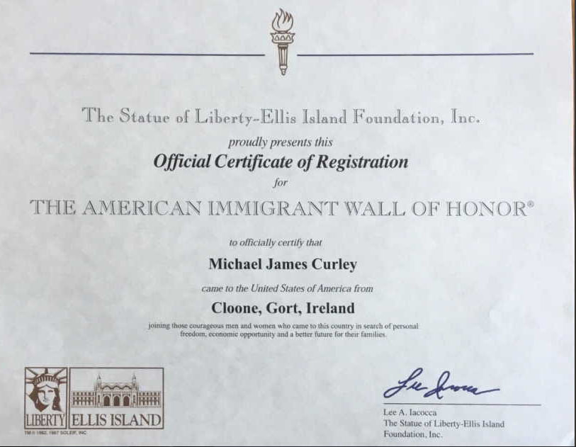 Ellis Island Certificate of Registration for Michael Curley