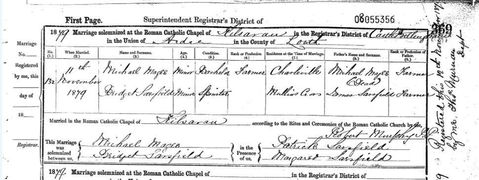 Marriage of Michael McGee and Bridget Sarsfield 1879