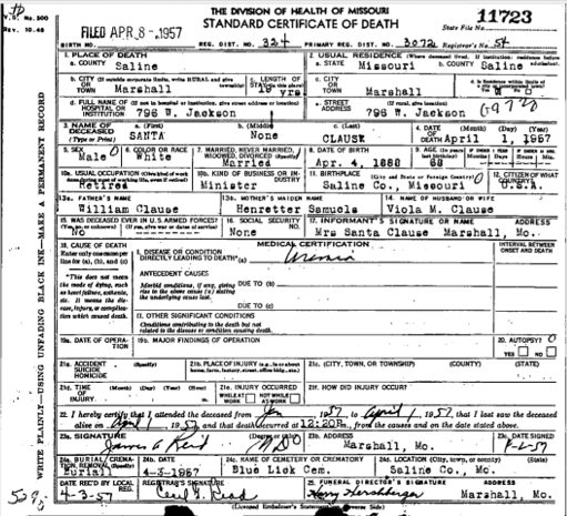 Minnie Mabel Santa’s wife death certificate