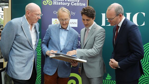 From left, Neville Isdell, chairman of chq Dublin and founder of Epic, Brian Donovan, Eneclann, Canadian prime minister Justin Trudeau and Tánaiste Simon Coveney.