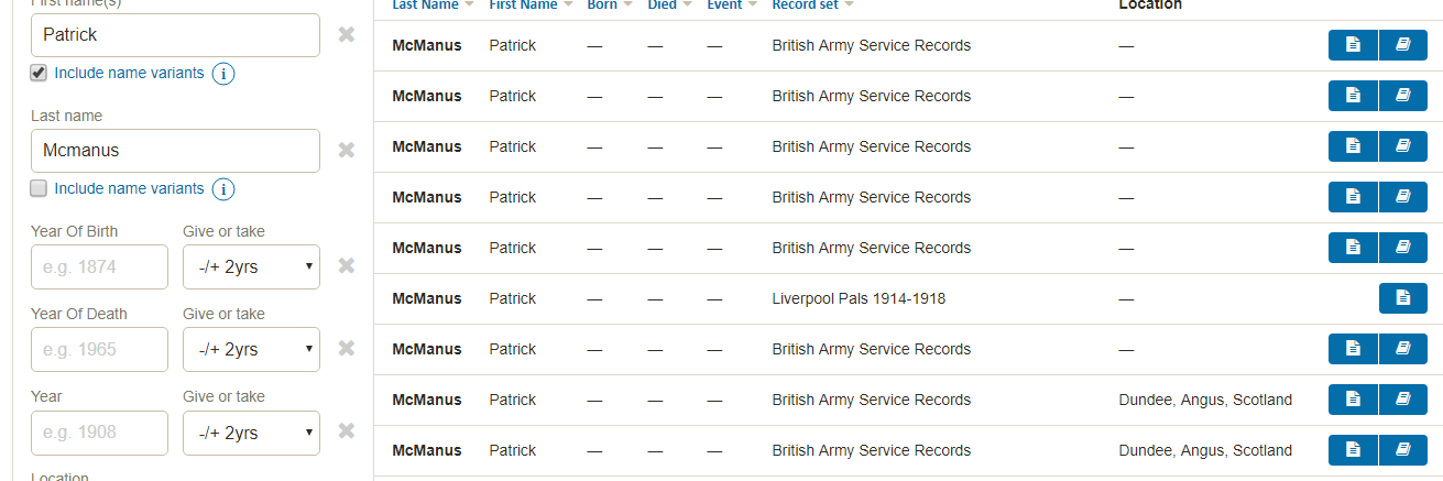 snapshot from 235 basic results for a military ancestor named Patrick McManus