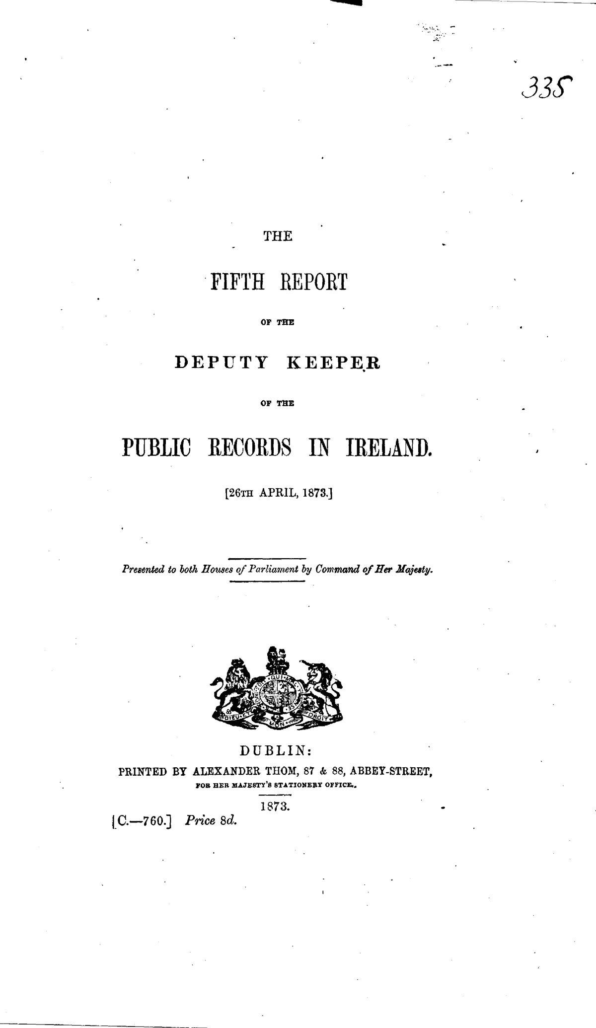 The Fifth Report of the Deputy Keeper of the Public Records of Ireland, 1873