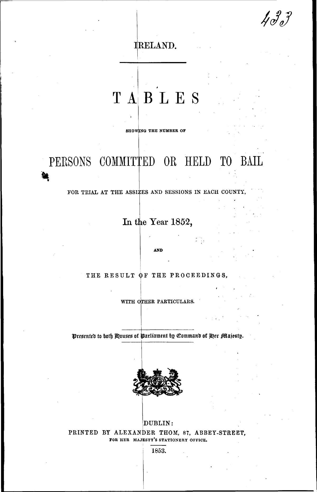 Persons Committed or Held to Bail for Trial at the Assizes and Sessions in Each County